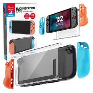 JOYTRON 任天堂 Switch 2 充電座相容 矽膠水晶保護殼 + Joy-Con 搖桿帽 2入組, 1套, 保護殼(SW2-CASE05), 淺藍色 + 淺紅色