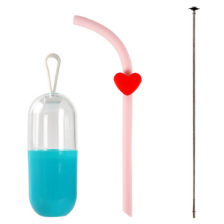 無感攜帶愛心矽膠吸管 + 刷子 3件組 淺粉色, 1個裝, 1組