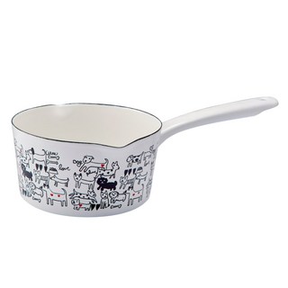 plune.琺瑯單柄牛奶鍋 尺寸31x16x8cm 容量1.2L 鋼板表面琺瑯加工 日本製造, 31cm, 手繪狗狗 白色, 1個