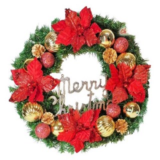MODACore 摩達客 20吋浪漫朵朵聖誕花 豪華綠色聖誕花圈 福臨圈, 紅金系, 1組