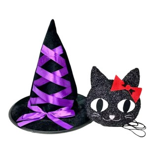 魔法緞帶植絨巫師帽+閃亮貓小背包 1+1組合 1組 紫色 黑色, 紫色,黑色