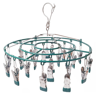 多功能不鏽鋼防滑防風多夾衣架 圓形24夾, 墨綠色, 1組