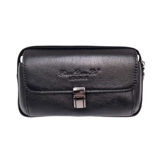 Xiao Duo Li LEATHER 真皮頭層牛皮雙拉鍊男士腰掛包手機包 - 穿皮帶/掛腰間，6.5吋手機適用, 18 x 11 x 5cm, 橫款黑