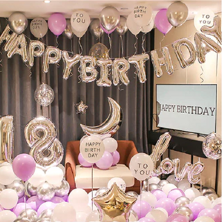 生日佈置氣球套裝，優質鋁箔材質，字母高約32cm, 浪漫紫白, 1組