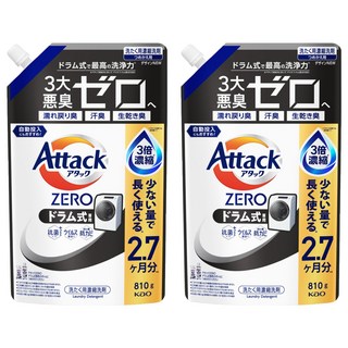 Attack 一匙靈 zero 洗衣精 滾筒式 專業洗衣分解頑固髒污 全方位清潔新選擇 ZERO洗淨技術, 810g, 2個
