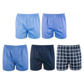 BASE ALPHA ESSENTIALS 男款棉質寬鬆四角褲 5件組, L, 深藍印花款 + 深藍格紋款 + 藍色點點款 + 藍色印花款 + 淺藍菱格款