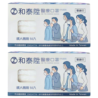 和泰陞 平面醫療口罩 成人, 天使白, 50片, 2盒