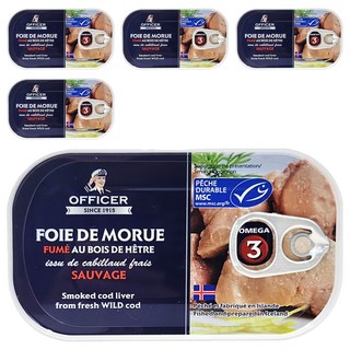 OFFICER 船長 煙燻鱈魚嫩肝, 富含Omega-3維生素A及D, 無糖無味精, 生酮和低碳飲食適用, 120g, 5罐