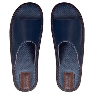 真皮頭層牛皮編織紋防滑室內拖鞋 頭層牛皮鞋面 防滑PVC鞋底, 27, 藏青色, 1雙