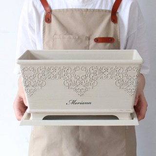 Mori& 復古花卉塑膠花盆 + 托盤, 1套, 米色