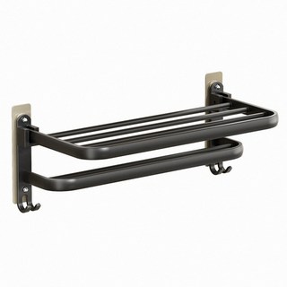 mohe 木暉居家 免打孔無痕貼太空鋁雙層摺疊毛巾置物架, 黑色, 1個