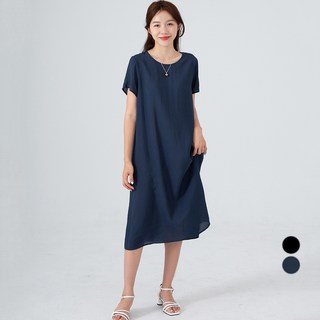 CARET 女性大尺碼人造絲寬鬆版短袖連身裙, 海軍藍