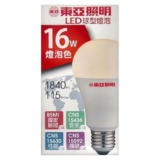 TOA 東亞照明 LED球型燈泡 LLA018EV-16AAL 16W 125 x 65mm 54g, 黃光, 1個