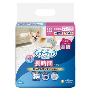 Unicharm Pet Mannerwear 禮貌帶 長時間系列 寵物尿布 36片 超小型犬用 最長12小時吸收, SSS(腰圍15~25cm 體重男1.5kg~3kg/女1.5kg~3.5kg), 1包