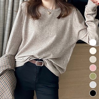 MEICHEL 女款薄款長袖毛衣 寬鬆素色圓領 10244