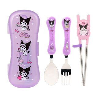 LiLFANT 庫洛米4件組 含收納盒, 紫色, 學習筷 + 湯匙 + 叉子 + 收納盒, 1組