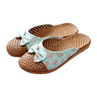 Axis 艾克思 蝴蝶結小碎花 亞麻涼爽防滑包頭室內拖鞋, 綠色, 1雙