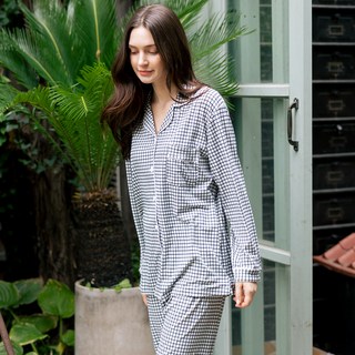 TERAWOOD 女款格紋翻領刷毛長袖居家服套裝