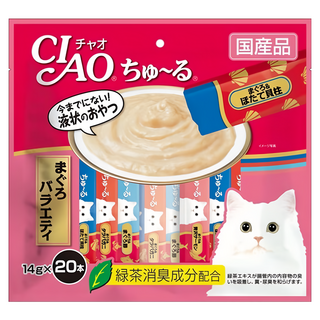 INABA CIAO 啾嚕肉泥 14g*20入 添加綠茶成分, 鮪魚&干貝 + 鮪魚&蟹肉 + 鮪魚&鮪魚片 + 鮪魚&鮭魚, 280g, 1袋