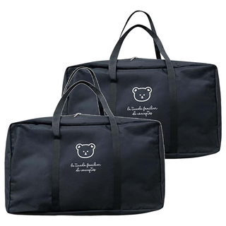 E.dot 小熊牛津布棉被衣物收納袋 加大開口超大容量 兩側背帶出行便攜, 黑色, 52 x 33 x 19cm, 2個