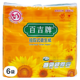 百吉牌 抽取式衛生紙 100抽 100%原生紙漿 台灣製造, 10包, 6袋