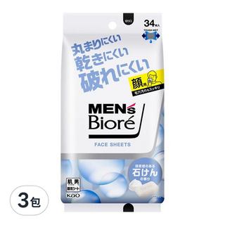 MEN's Biore 臉部身體兩用濕巾 皂香款 34片, 188ml, 3包, 1片