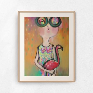 HelloArtist 紅鶴女孩圖案掛畫 7號 350*450mm, 淺木色