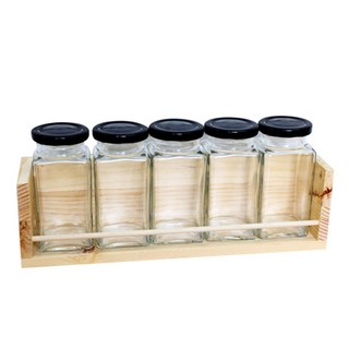HAND-FACTORY 調味罐架組, 1套, 方形大號黑蓋調味罐 5入 + 單層木製大號調味罐架