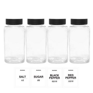 透明方形PET調味瓶組 200ml, 1套, 調味盒4p+黑帽4p+貼紙4p（鹽+糖+胡椒粉+紅辣椒粉）