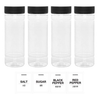 Home&Life 透明圓形PET調味罐 140ml 套組, 1套, 調味罐 4p + 黑色蓋 4p + 貼紙 4p(鹽 + 糖 + 胡椒 + 辣椒粉)