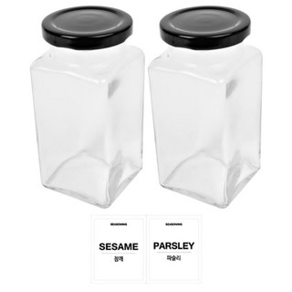 홈앤라이프 유리 양념통 사각 블랙캡 세트, 1세트, 300g 2p + 투명스티커(참깨 + 파슬리)