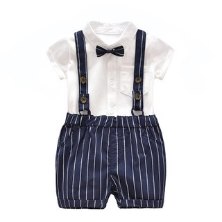 JOY MULTI 男童蝴蝶領結包屁衣+條紋吊帶褲