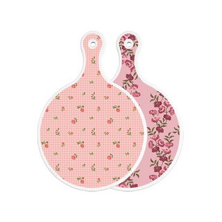 로엠디자인 양면 원형 서빙 도마 보드 핑크플라워체크, 체리플라워, 1개
