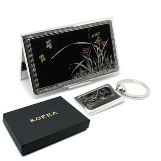 The Nuri Korea 傳統螺鈿名片盒 15張 + 鑰匙圈, 1層, 蘭花(黑)