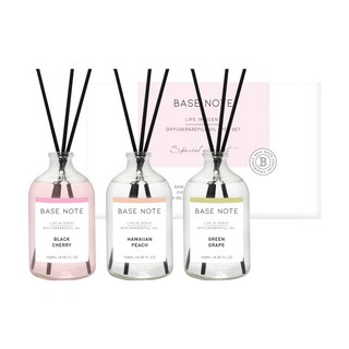 Base Note 擴香瓶&補充油 3件組 + 纖維擴香棒 3入組, 果香(黑櫻桃, 夏威夷水蜜桃, 青葡萄)