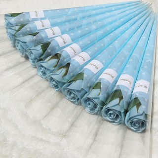 Bluehen 人造單枝玫瑰 10入 + 圓點包裝紙 10入, 藍色