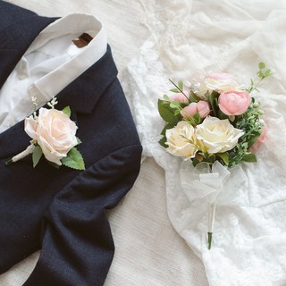 ASPASIA 人造花 Amuse 玫瑰 自助婚紗攝影道具 2件組 捧花 + 胸花, 混合色, 1個