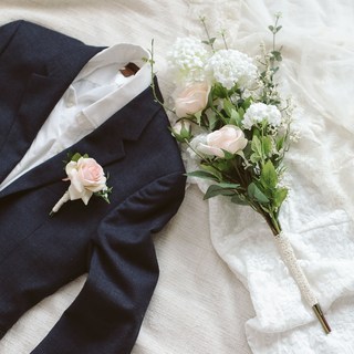 ASPASIA 仿真花 Marry Me 玫瑰 自助婚紗攝影道具 2件組 捧花 + 胸花, 粉紅色, 1個