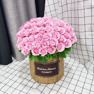 Bluehen 人造花100朵玫瑰花籃, 1個, 全粉紅色