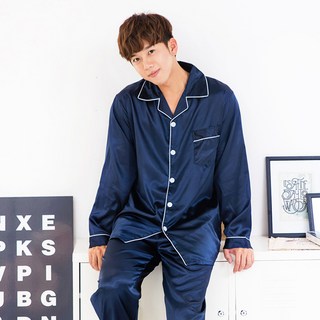 eline 男款經典素色絲質翻領睡衣套裝