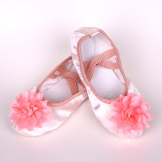 happyballet 女童粉色緞面胸花芭蕾舞鞋 鬆緊帶款
