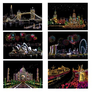 VICDREAM 各國彩色刮刮卡 6種 DIY著色本 A3 + 工具組, 混色, 1個