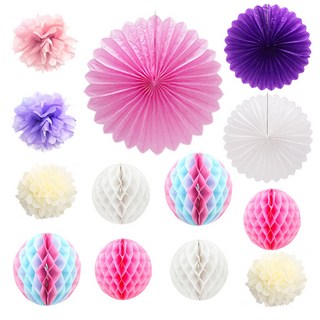 LivingDA 派對裝飾蜂巢紙花球 13件組, 嬰兒粉 + 薰衣草紫 + 象牙白