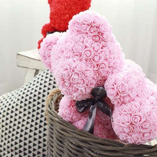 EPLYN 人造花室內裝飾玫瑰熊裝飾品 + 緞帶包裝 35cm, 粉紅色