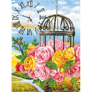 ZEZENEW B1138 寶石十字繡串珠DIY套組, 玫瑰風景時鐘, 1個