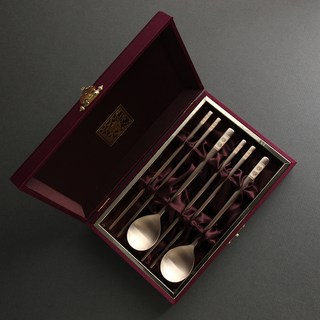 Inspoon 雙喜臨門 方字鍮器餐具 2人組 + 購物袋, 1套, 湯匙 2p + 筷子 2雙 + 購物袋, 單一顏色