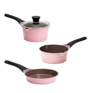 FOUR SEASONS MINIMAL Life多功能陶瓷塗層鍋具組 16cm 4入組, 粉色, 醬鍋+中鍋+平底鍋+玻璃蓋