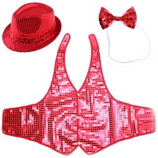Livingda 亮片帽 + 亮片背心 XL+ 蝴蝶領結3件組, 紅色, 1套