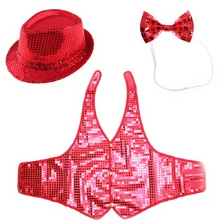 LivingDA 亮片帽 + 亮片背心 S + 蝴蝶領結3件組, 紅色, 1組