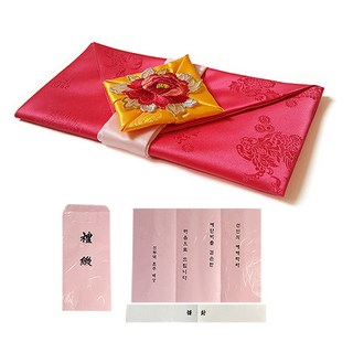 牡丹禮品包袱巾 + 禮金信封 5入, 珊瑚色, 1套